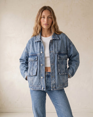 Oakley Denim Jacket in blue — oversized denim jacket, front view on model