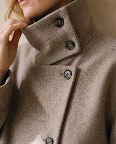 Close-up of the Ottilie Funnel Jacket collar tab with tortoiseshell-effect buttons