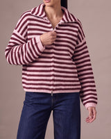 Tori Knit in Burgundy & Pink — striped ribbed knit with the collar folded open