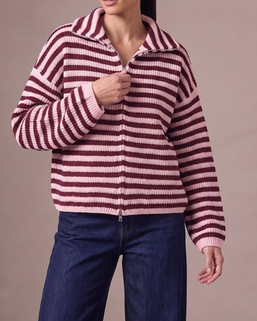 Tori Knit in Burgundy & Pink — striped ribbed knit with the collar folded open