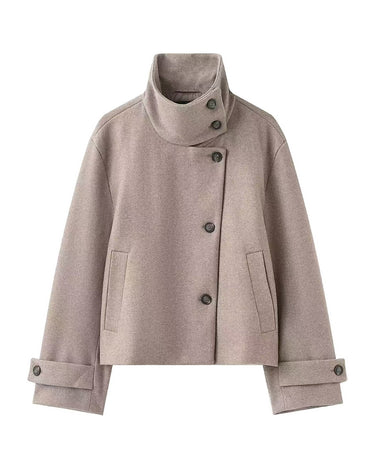 Ottilie Funnel Jacket in taupe, front flat lay on white showing the buttoned funnel collar and cuff tabs