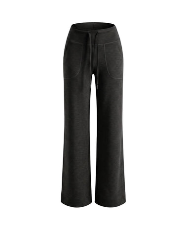 The Rae relaxed pant in black — high-waisted wide-leg drawstring pant, product flat-lay
