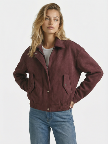 Suede Look Bordeaux Bomber Jacket