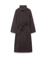 Henrietta Coat in Brown, long belted funnel-collar coat