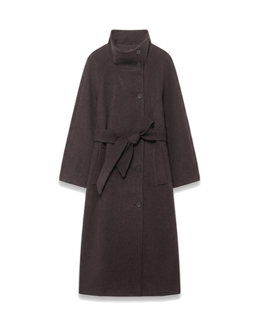 Henrietta Coat in Brown, long belted funnel-collar coat