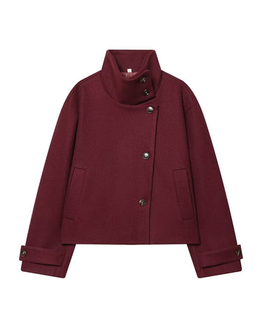 Ottilie Funnel Jacket in burgundy, front flat lay on white