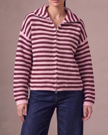 Tori Knit in Burgundy & Pink — front view showing the two-way zip and stand collar