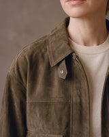 Close-up of the Juniper Suede Utility Jacket point collar and snap tab