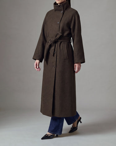 Henrietta Coat in brown, long belted coat with funnel collar, worn with wide-leg jeans and slingback heels