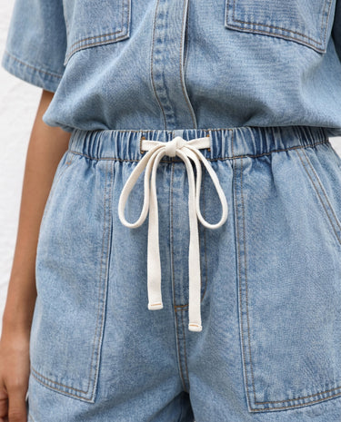 Light Wash denim shorts, drawstring waist close-up – Moriel Heritage