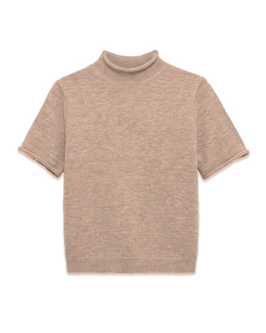 Nora Knit Tee in Camel flat lay with rolled mock neck and cuffs