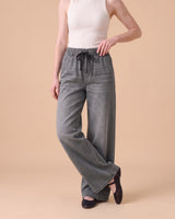 Isla Stretch Denim Jeans in Gray - wide leg pull-on stretch denim on model