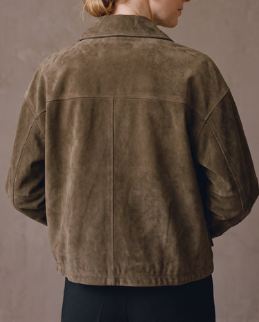 Back view of the Juniper Suede Utility Jacket with shoulder yoke seam