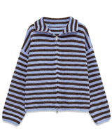Tori Knit in Blue & Espresso — flat lay of the striped ribbed zip-front knit