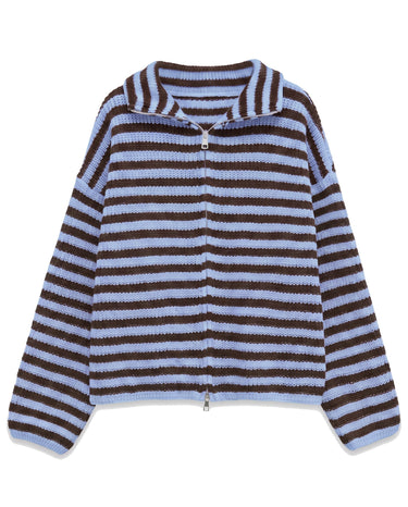 Tori Knit in Blue & Espresso — flat lay of the striped ribbed zip-front knit