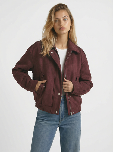 Suede Look Bordeaux Bomber Jacket