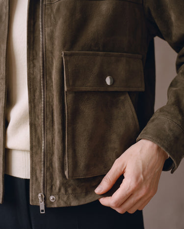 Close-up of the Juniper Suede Utility Jacket oversized flap pocket with snap