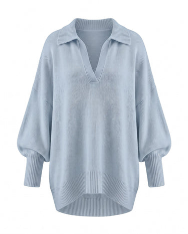 The Lorna Collared Knit in blue — product flat lay
