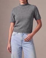 Nora Knit Tee in gray styled with light-wash high-waisted jeans
