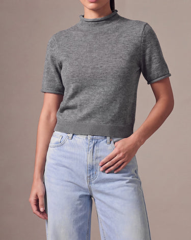 Nora Knit Tee in gray styled with light-wash high-waisted jeans