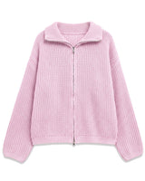 Tori Knit in Pink — flat lay of the ribbed zip-front knit with stand collar