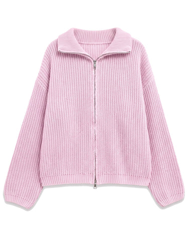 Tori Knit in Pink — flat lay of the ribbed zip-front knit with stand collar