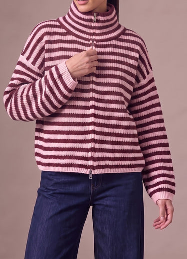 Tori Knit in Burgundy & Pink — worn zipped to the top as a funnel neck