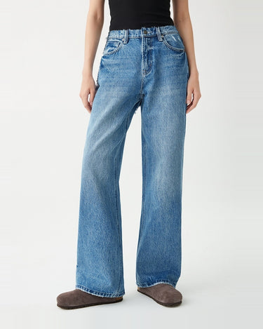 Hallie Jeans in medium vintage blue wash, front view styled with a black rib tank and brown suede clogs