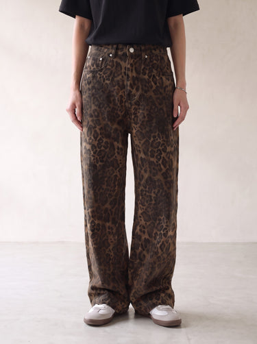 Leopard print wide-leg jeans, straight-on front view