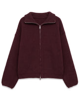 Tori Knit in Brown — flat lay of the ribbed zip-front knit with stand collar