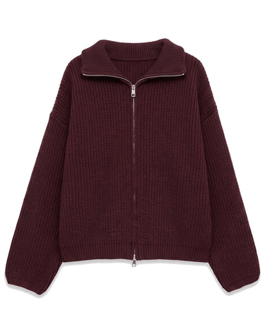 Tori Knit in Brown — flat lay of the ribbed zip-front knit with stand collar