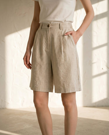 Linen-colour shorts on model, hand in pocket – Moriel Heritage