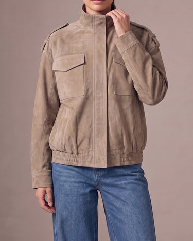 Sullivan Coat in Khaki — worn fully zipped with the stand collar up