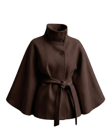 The Lorenne cape coat in dark brown — belted wool cape with stand collar, product flat lay