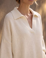 The Lorna Collared Knit in ivory — close-up of the ribbed polo collar and V-neck