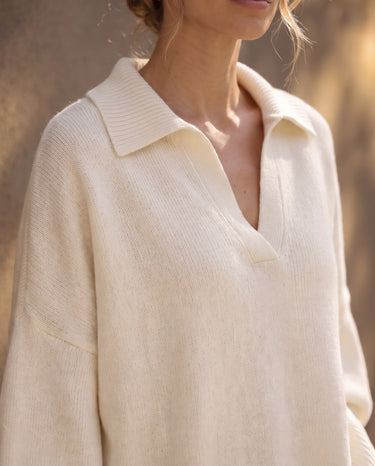 The Lorna Collared Knit in ivory — close-up of the ribbed polo collar and V-neck