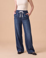 Isla Stretch Denim Jeans in Indigo - wide leg pull-on stretch denim on model