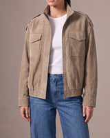 Sullivan Coat in Khaki — faux suede utility bomber worn open over a relaxed outfit