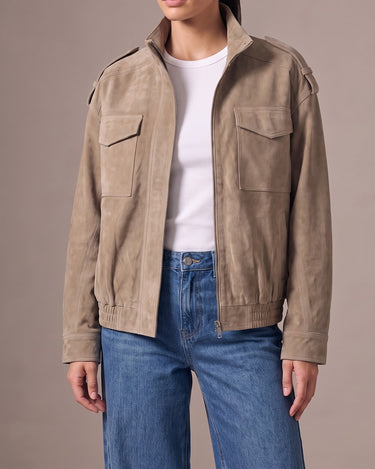 Sullivan Coat in Khaki — faux suede utility bomber worn open over a relaxed outfit