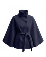 The Lorenne cape coat in navy — belted wool cape with stand collar, product flat lay