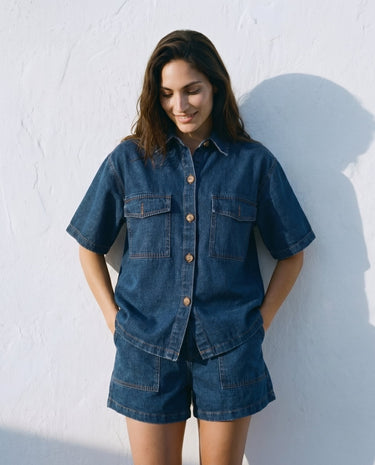 Dark Wash denim wide-fit set on model, relaxed fit view – Moriel Heritage