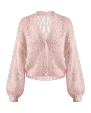 Marisol Knit Cardigan in Pink - sheer open knit mohair-style cardigan with pearl buttons and balloon sleeves, product shot