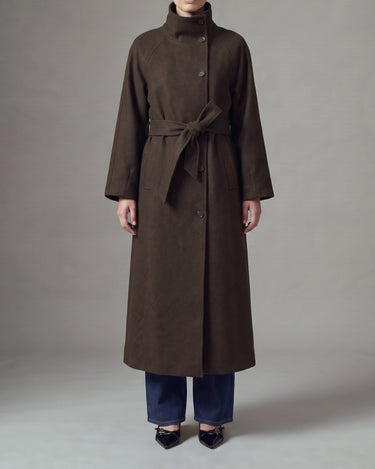 Henrietta Coat in brown, front view showing the lower-calf length and tie belt