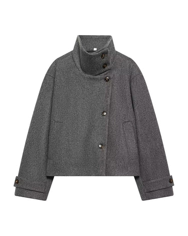 Ottilie Funnel Jacket in dark gray, front flat lay on white