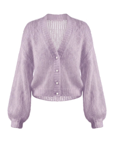 Marisol Knit Cardigan in Lilac - sheer open knit mohair-style cardigan with pearl buttons and balloon sleeves, product shot