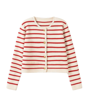 The Lilah cotton stripe cardigan in red stripes — round-neck button-front striped cardigan, product flat-lay
