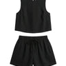 Alba Linen Blend Lounge Set in black — sleeveless crop top and drawstring shorts two-piece, product flat-lay