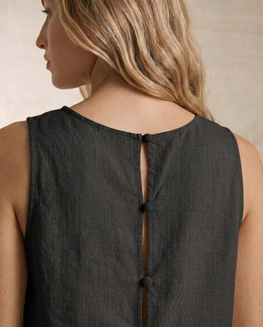 Alba Linen Blend Lounge Set in black — close-up of crop top back button closure