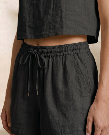 Alba Linen Blend Lounge Set in beige — close-up of drawstring shorts waistband