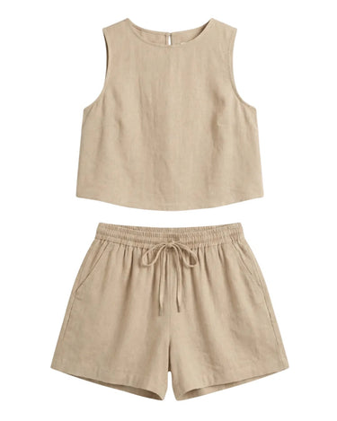 Alba Linen Blend Lounge Set in beige — sleeveless crop top and drawstring shorts two-piece, product flat-lay